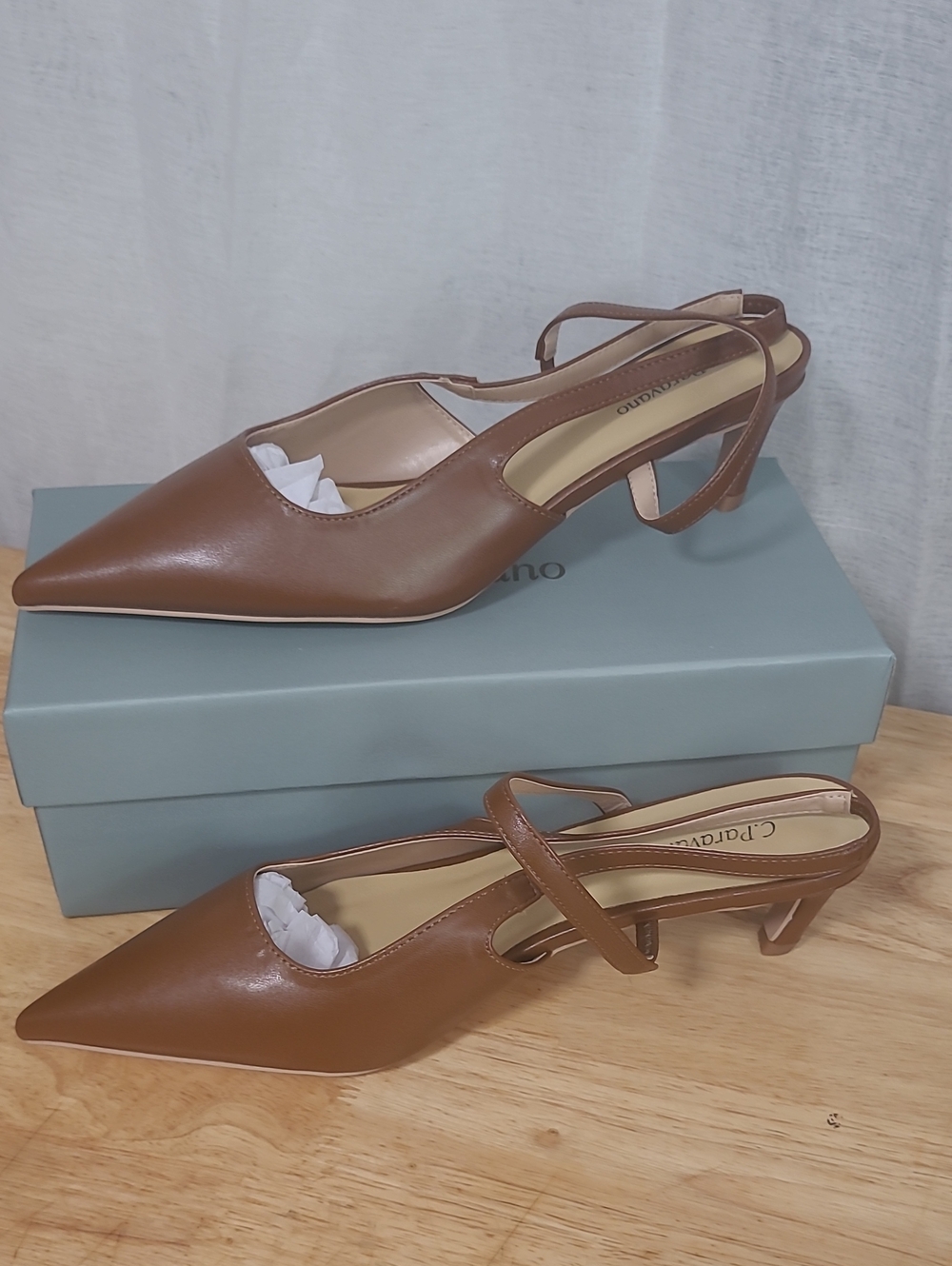 Pointed Brown Slingback Kitten Heel